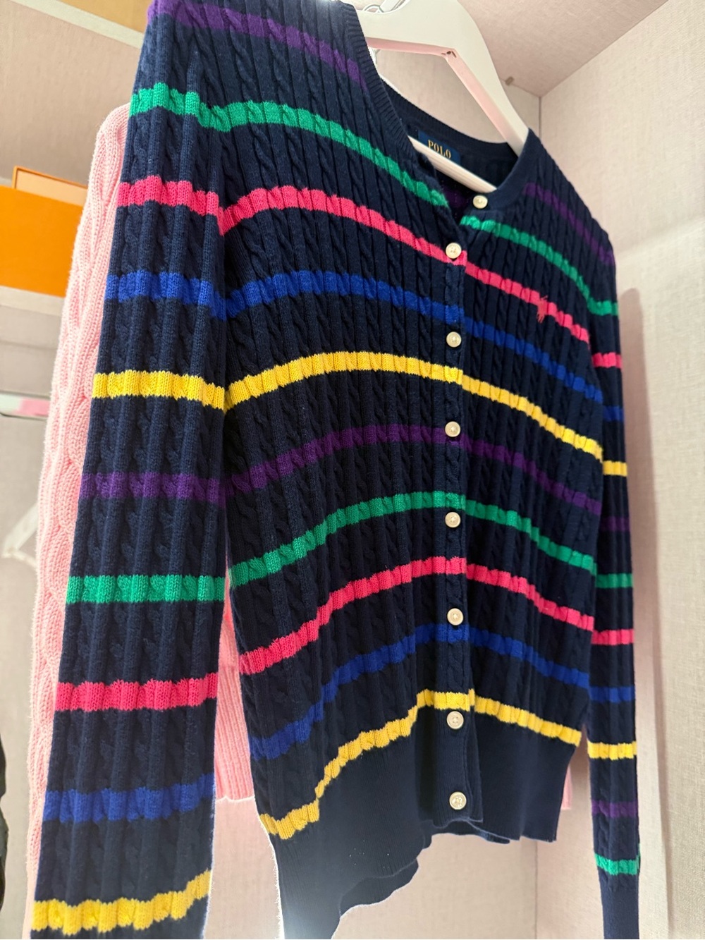 Ralph Lauren Navy Cable-Knit Cardigan with Multicolor Stripes